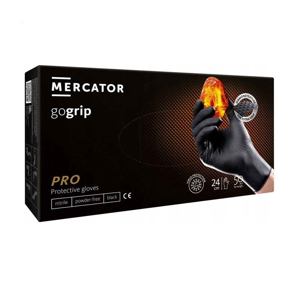 Рукавички нітрилові універсальні Mercator GoGrip Pro неприпудрені, нестерильні, розмір L, Black, 50 шт